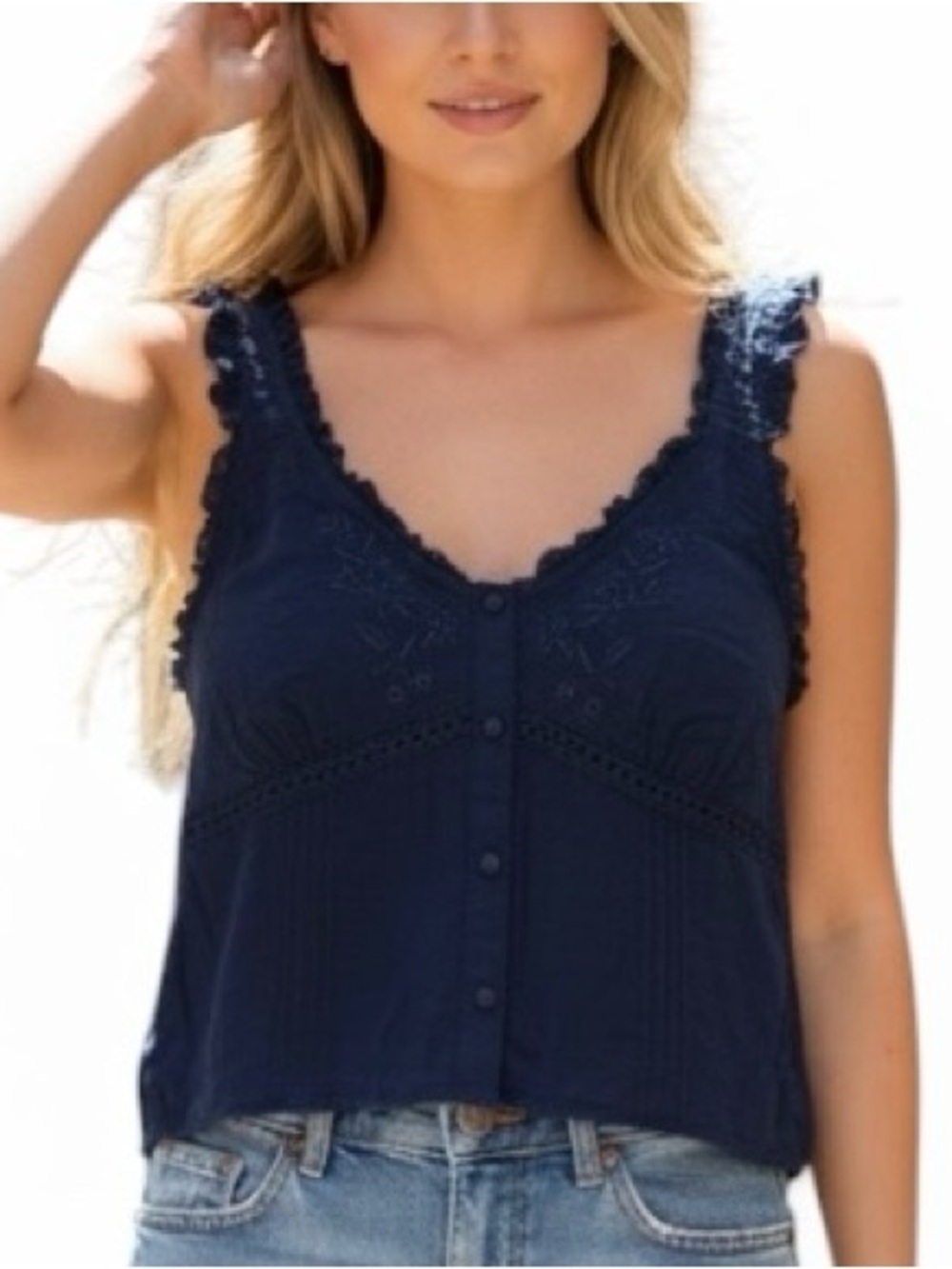 Self-E Ivory Floral Crochet Trim Smocked Peplum Top Size S navy